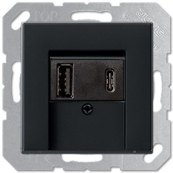 USB розетка для зарядки мобильных устройств, 2 местная - USB A и USB C, черный матовый