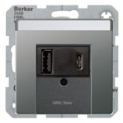 USB розетка для зарядки мобильных устройств, 2 местная - USB A и USB C, сталь