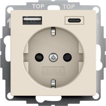 245901 - Gira Розетка с з/к,  с USB зарядным устройством тип A+C, глянцевый кремовый